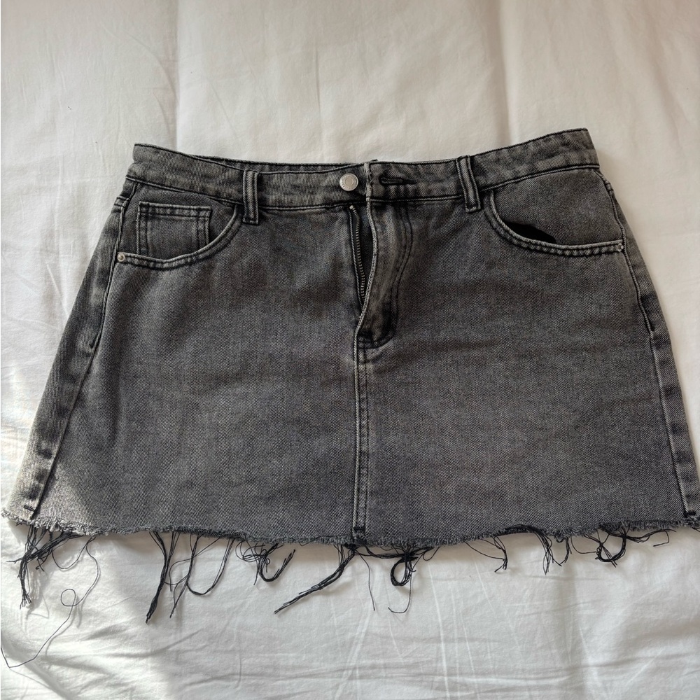 Black Denim Frayed Hem Skirt